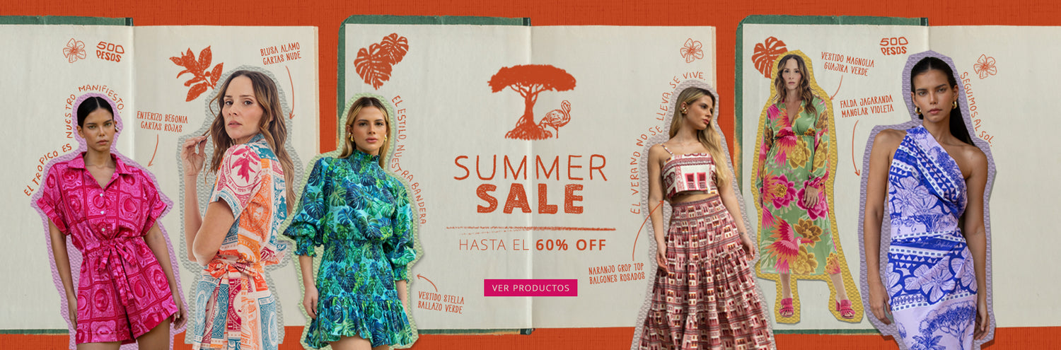 Banner de oferta de verano Guacari con hasta 60% de descuento, mostrando modelos en moda tropical vibrante.